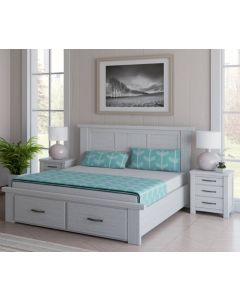 "Avalon" Coastal Style Timber Queen Bed with Storage Drawers & 2 x Bedsides, Whitewash (RRP $2999)