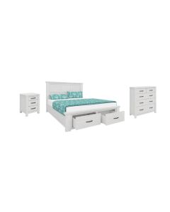 "Avalon" Coastal Style Timber Queen Bed, Tallboy & Bedsides Package, Whitewash (RRP $3999)