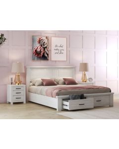 "Avalon" Coastal Style Timber Queen Bed Storage Drawers & 2 x Bedsides, Whitewash (RRP $2999)