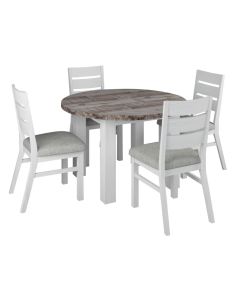"Coastal" Hamptons Style Round Dining Table Package, Chair with Grey Fabric Cushioned Seat, Vivid White (RRP $2499)