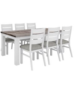 "Coastal" Hamptons Style Dining Table Package 190x100cm, Chairs with Grey Fabric Cushioned Seat, Vivid White (RRP $3499)