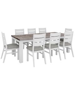 "Coastal" Hamptons Style Dining Table Package W225 x D100 x H77 CM, Chairs with Grey Fabric Cushioned Seat, Vivid White (RRP $3999)