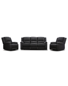 "Captain" Premium Fabric 3 Seater + 2 Single Recliners Lounge Suite – Jet (RRP $3499)
