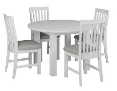 "Cove" Hamptons Style Round 120cm Brushed White Dining Table Setting with 4 Cove Chairs