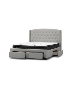 "Amelia" Hamptons Style Buttoned Back Upholstered Fabric Bed Frame 4 Storage Drawers Queen Size, Stone (RRP $1999)