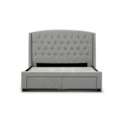 "Amelia" Hamptons Style Buttoned Back Upholstered Stone Fabric Bed Frame 4 Storage Drawers Double Size, Stone (RRP $1499)