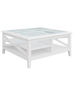 "Montauk" Hamptons Style Timber Coffee Square Table Glass Top & Cross Leg White, 100cm x 100cm x 45cm (RRP $999)