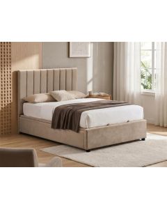 "Atlas" Modern Coastal Upholstered Fabric Bed Frame Queen Size with Gaslift, Coffee (RRP $1699)