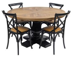 "Tuscany" Hardwood Timber 135cm Round Dining Table, Black Base + 4 Noosaville Crossback Chairs, Black (RRP $2999)