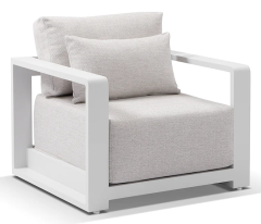 “Whitehaven” Superior Comfort Premium Quality Aluminium 1 Seater Outdoor Lounge Armchair – White / Sandstone Olefin W88 x D88 x H62 CM (RRP $1499)