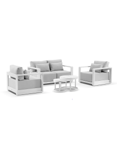 “Whitehaven” Superior Comfort Premium Quality Aluminium 2+1+1 Outdoor Lounge Set with Hugo Round Coffee Tables – White / Textured Olefin Grey L156 x D88 x H62 CM (RRP $4999)