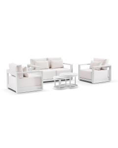 "Whitehaven" Superior Comfort Premium Quality Aluminium 2+1+1 Outdoor Lounge Set with Sunbrella Cushions & Hugo Coffee Tables – White / Sunbrella Canvas (RRP $5499)
