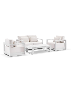 "Whitehaven" Superior Comfort Premium Quality Aluminium 2+1+1 Outdoor Lounge Set with Sunbrella Cushions & Santorini Coffee Table – White / Sunbrella Canvas (RRP $5499)
