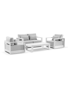 "Whitehaven" Superior Comfort Premium Quality Aluminium 2+1+1 Outdoor Lounge Set with Santorini Coffee Table – White / Textured Olefin Grey W156 x D88 x H62 CM (RRP $4999)
