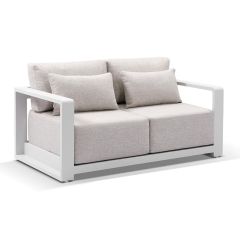 “Whitehaven” Superior Comfort Premium Quality Aluminium 2 Seater Outdoor Lounge – White / Sandstone Olefin L156 x D88 x H62 CM (RRP $2599)