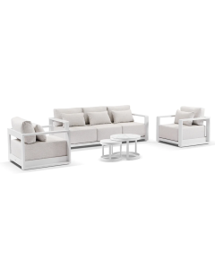 “Whitehaven” Superior Comfort Premium Quality Aluminium 3+1+1 Outdoor Lounge Set with Hugo Round Coffee Tables – White / Sandstone Olefin L224 x D88 x H62 CM (RRP $6499)