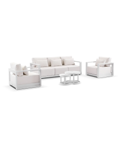"Whitehaven" Superior Comfort Premium Quality Sunbrella® Fabric Outdoor Aluminium 3+1+1 Lounge Set with Hugo Coffee Tables, White W224 x D88 x H62 CM (RRP $6999)