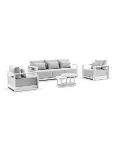 “Whitehaven” Superior Comfort Premium Quality Aluminium 3+1+1 Outdoor Lounge Set with Hugo Round Coffee Tables – White / Textured Olefin Grey L224 x D88 x H62 CM (RRP $5999)