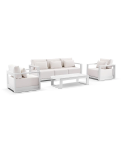 "Whitehaven" Superior Comfort Premium Quality Sunbrella® Fabric Outdoor Aluminium 3+1+1 Lounge Set with Santorini Coffee Table, White W224 x D88 x H62 CM (RRP $6999)
