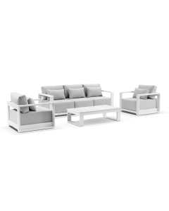 “Whitehaven” Superior Comfort Premium Quality Aluminium 3+1+1 Outdoor Lounge Set with Santorini Coffee Table – White / Textured Olefin Grey L224 x D88 x H62 CM (RRP $5999)