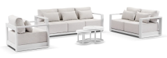“Whitehaven” Superior Comfort Premium Quality Aluminium 3+2+1 Outdoor Lounge Set with Hugo Round Coffee Tables – White / Sandstone Olefin L224 x D88 x H62 CM (RRP $6499)
