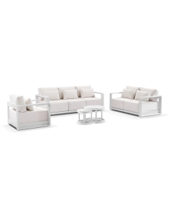 "Whitehaven" Superior Comfort Premium Quality Sunbrella® Fabric Outdoor Aluminium 3+2+1 Lounge Set with Hugo Coffee Tables, White W224 x D88 x H62 CM (RRP $7999)
