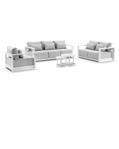 “Whitehaven” Superior Comfort Premium Quality Aluminium 3+2+1 Outdoor Lounge Set with Hugo Round Coffee Tables – White / Textured Olefin Grey L224 x D88 x H62 CM (RRP $6499)