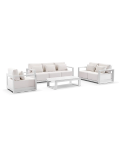 "Whitehaven" Superior Comfort Premium Quality Outdoor Aluminium 3+2+1 Lounge Set with Sunbrella® Cushions & Santorini Coffee Table, White W224 x D88 x H62 CM (RRP $7999)