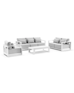 “Whitehaven” Superior Comfort Premium Quality Aluminium 3+2+1 Outdoor Lounge Set with Santorini Coffee Table – White / Textured Olefin Grey L224 x D88 x H62 CM (RRP $6499)