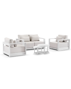“Whitehaven” Superior Comfort Premium Quality Aluminium 2+1+1 Outdoor Lounge Set with Hugo Round Coffee Tables – White / Sandstone Olefin L156 x D88 x H62 CM (RRP $5199)