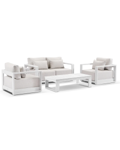 “Whitehaven” Superior Comfort Premium Quality Aluminium 2+1+1 Outdoor Lounge Set with Santorini Coffee Table – White / Sandstone Olefin W156 x D88 x H62 CM (RRP $4999)