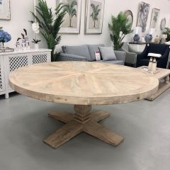 "Whitsunday" Hamptons Style Parquetry Hardwood Timber 180cm Round Dining Table, Beachwhite Finish SEATS 8-10 (RRP $3499)