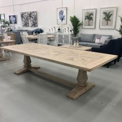 "Whitsunday" Hamptons Style Hardwood Timber Parquetry Dining Table with Pedestal Base, Beachwhite Finish, 300x120x77cm (RRP $3999)
