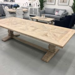 "Whitsunday" Hamptons Style Hardwood Timber Parquetry Dining Table with Pedestal Base, Beachwhite Finish, 240x110x77cm (RRP $3499)