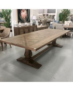 "Whitsunday" Hamptons Style Hardwood Timber Parquetry Dining Table with Pedestal Base, Hamptons Grey, 300x120x77cm (RRP $4999)