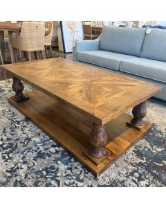 "Whitsunday" Hamptons Style Hardwood Timber Parquetry Coffee Table with Pedestal Base, Vintage Finish, 150x80x40cm (RRP $2499)