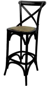 "Noosaville" Timber Rattan Kitchen Bench Bar Chair Cross Back Black, 42cmL x 42cmD x 100cmH; Seat Height 65cm (RRP $349)